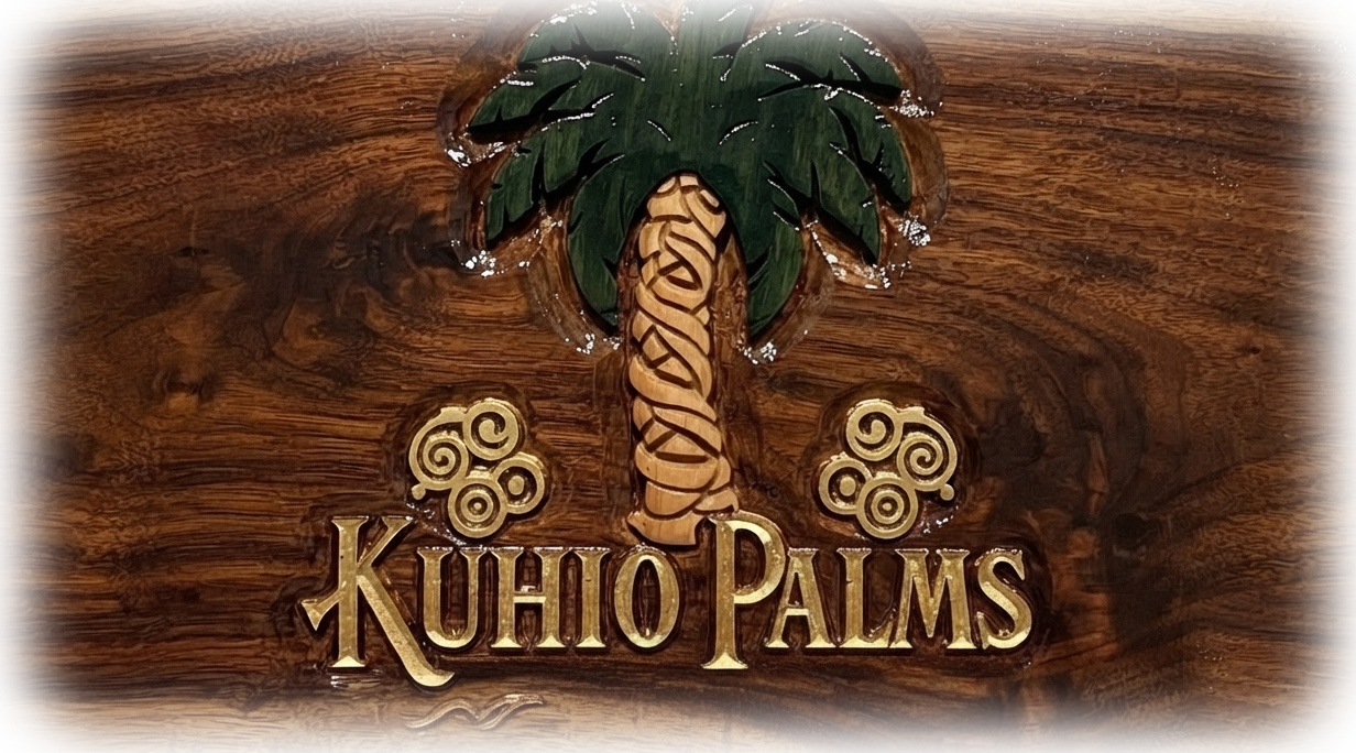 Kuhio Palms — carved koa wood emblem