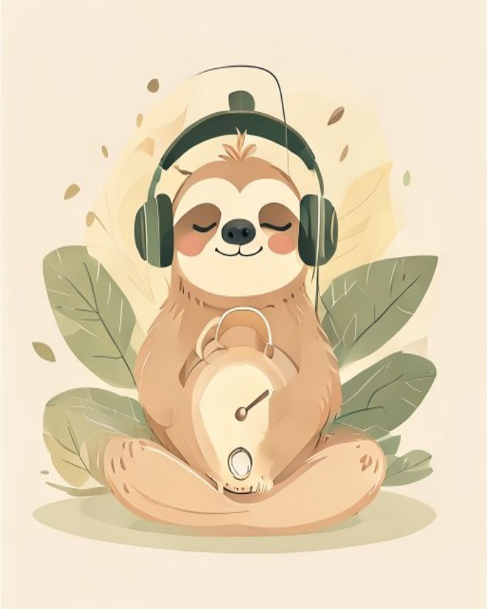 A content sloth wearing headphones, unbothered by the clock in its lap