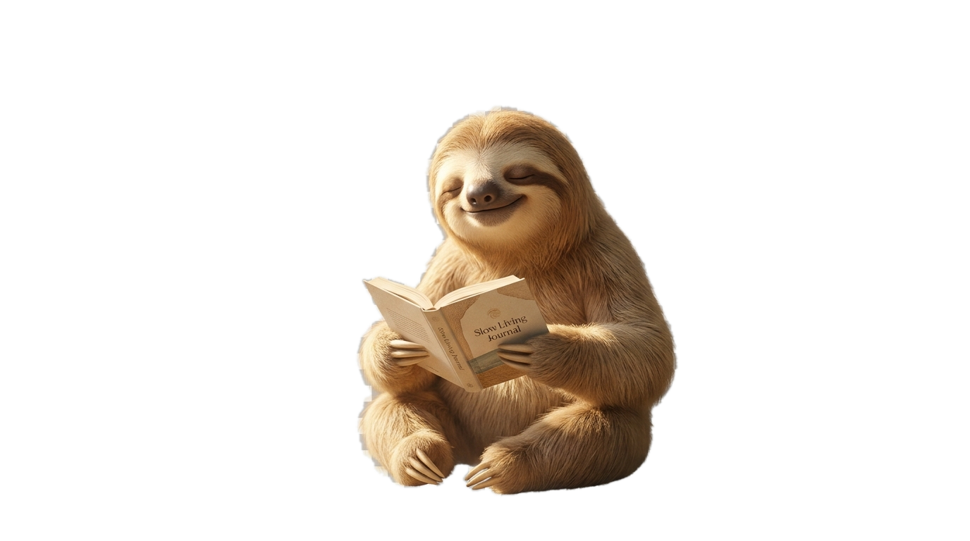 Vibe the Sloth reading the Slow Living Journal